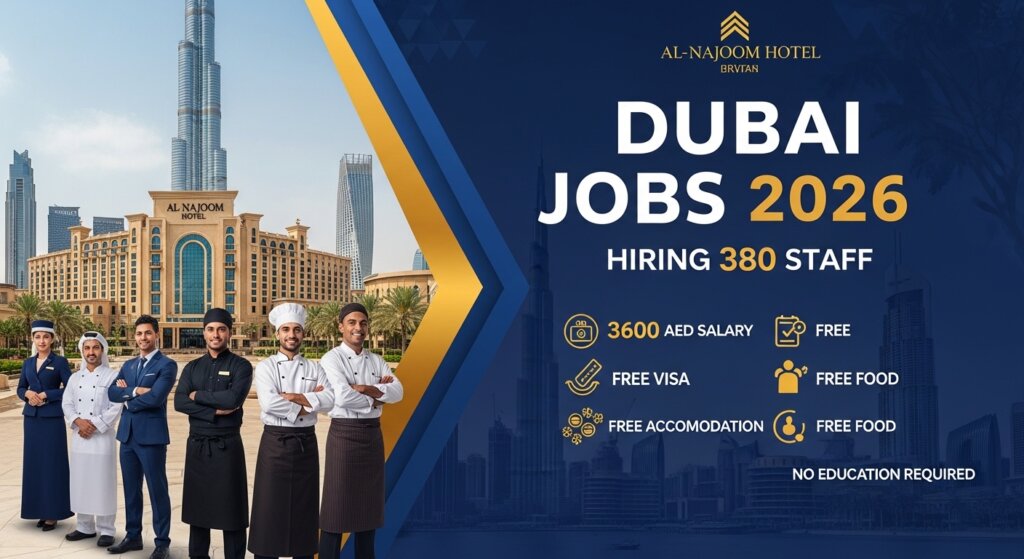 Current image: Looking for Dubai jobs in 2026 Al-Najoom Hotel is hiring 380 staff with 3600 AED salary, free visa, accommodation, and food. No education required. Apply now!